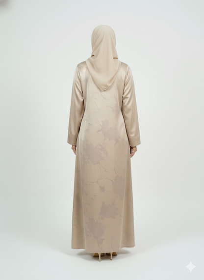 Champagne Beige Satin Abaya | Rizqé Luxury Silk-Finish Floral Print Modest Wrap