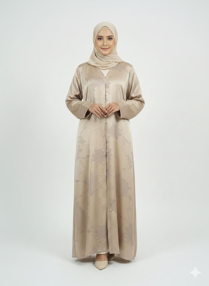 Champagne Beige Satin Abaya | Rizqé Luxury Silk-Finish Floral Print Modest Wrap
