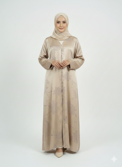 Champagne Beige Satin Abaya | Rizqé Luxury Silk-Finish Floral Print Modest Wrap