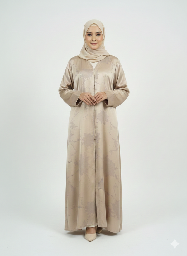 Champagne Beige Satin Abaya | Rizqé Luxury Silk-Finish Floral Print Modest Wrap