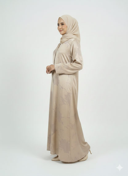 Champagne Beige Satin Abaya | Rizqé Luxury Silk-Finish Floral Print Modest Wrap