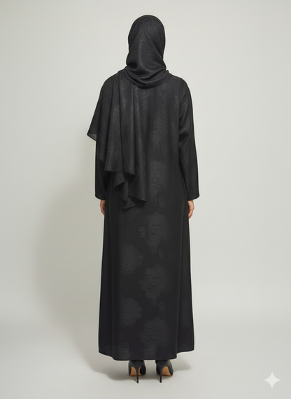 Onyx Black-Leaf Satin Abaya | Rizqé Luxury Metallic Printed Open Wrap with Bell Sleeves