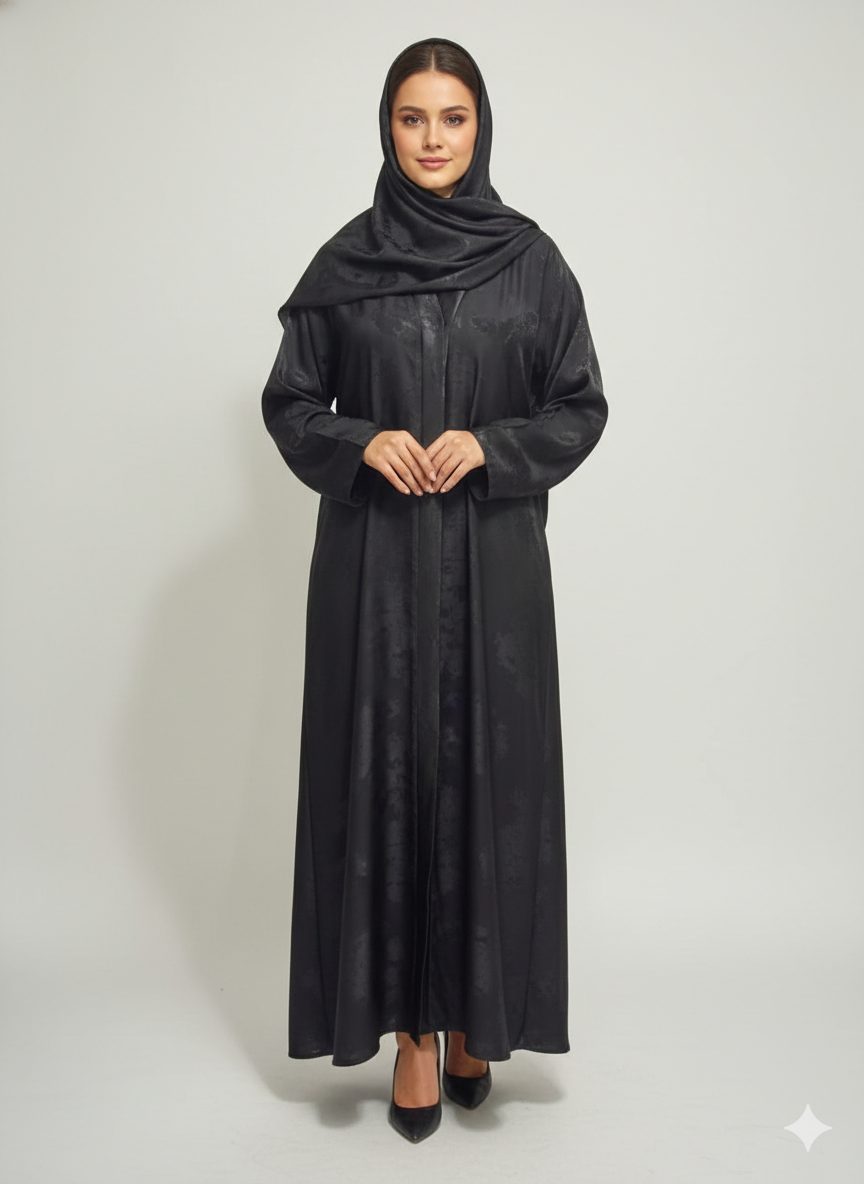 Onyx Black-Leaf Satin Abaya | Rizqé Luxury Metallic Printed Open Wrap with Bell Sleeves