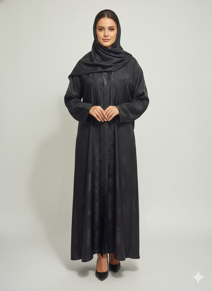 Onyx Black-Leaf Satin Abaya | Rizqé Luxury Metallic Printed Open Wrap with Bell Sleeves