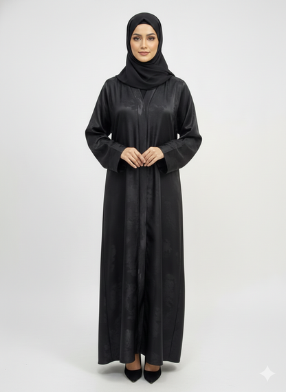 Onyx Black-Leaf Satin Abaya | Rizqé Luxury Metallic Printed Open Wrap with Bell Sleeves