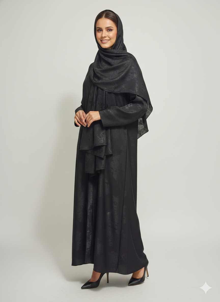 Onyx Black-Leaf Satin Abaya | Rizqé Luxury Metallic Printed Open Wrap with Bell Sleeves