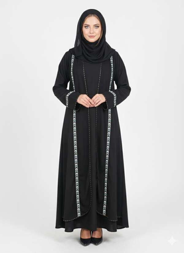 Layered Kimono Abaya | Black Nida Jacket Style with Geometric Crystal Trim | Modest Dubai Fashion | Rizqé Luxury