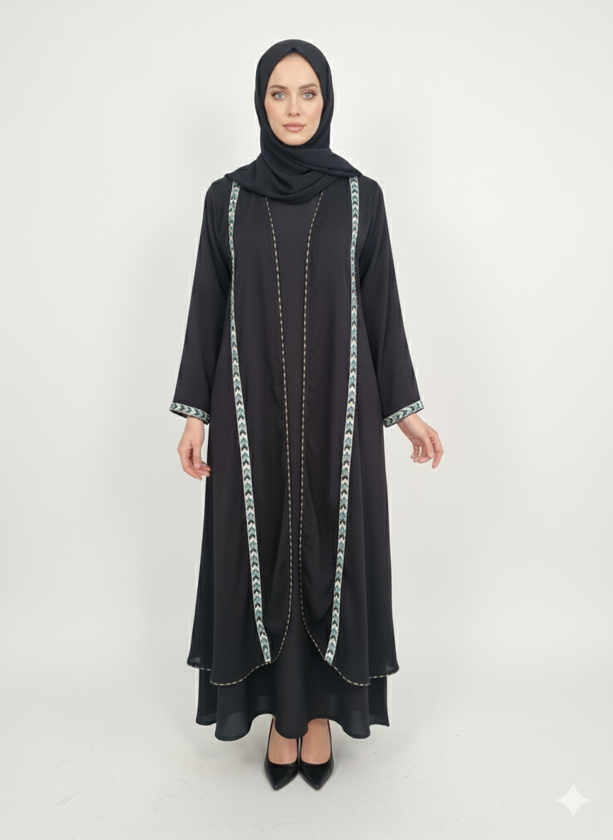 Layered Kimono Abaya | Black Nida Jacket Style with Geometric Crystal Trim | Modest Dubai Fashion | Rizqé Luxury