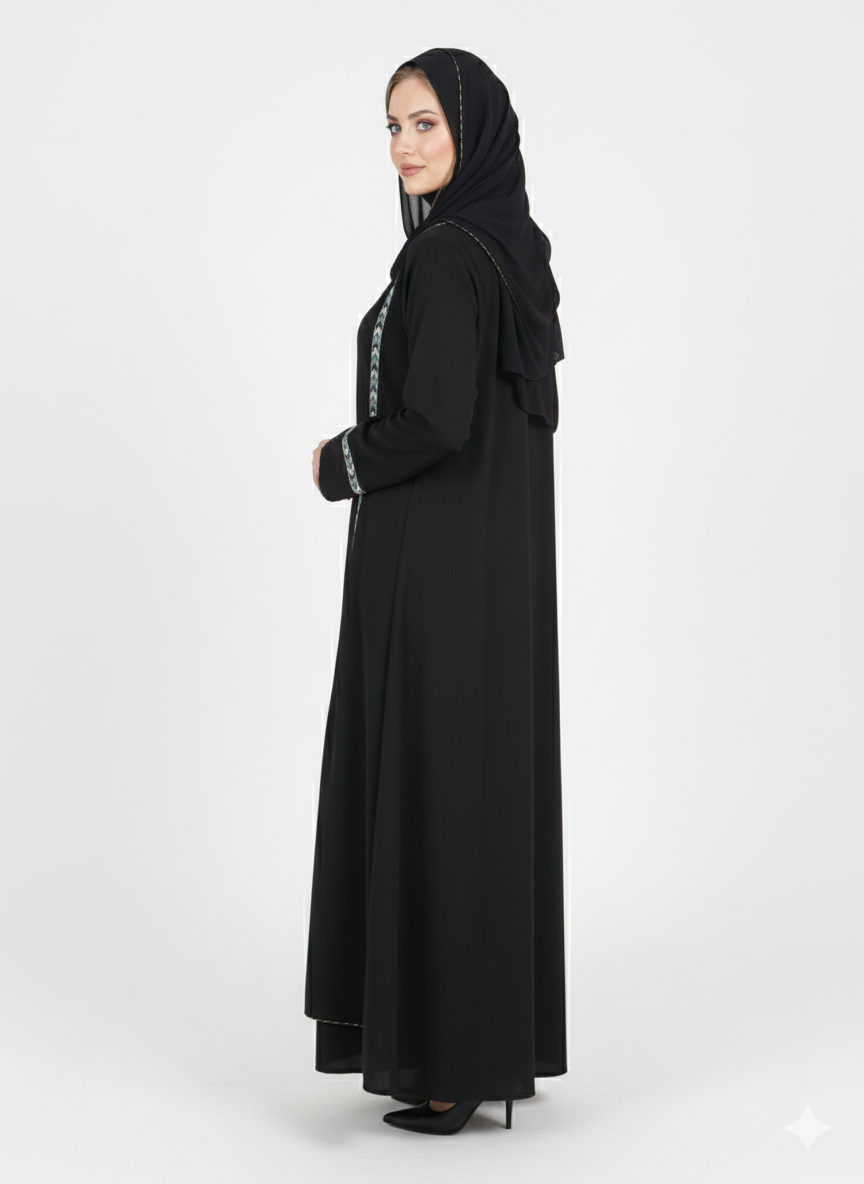 Layered Kimono Abaya | Black Nida Jacket Style with Geometric Crystal Trim | Modest Dubai Fashion | Rizqé Luxury