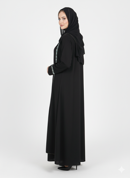 Layered Kimono Abaya | Black Nida Jacket Style with Geometric Crystal Trim | Modest Dubai Fashion | Rizqé Luxury