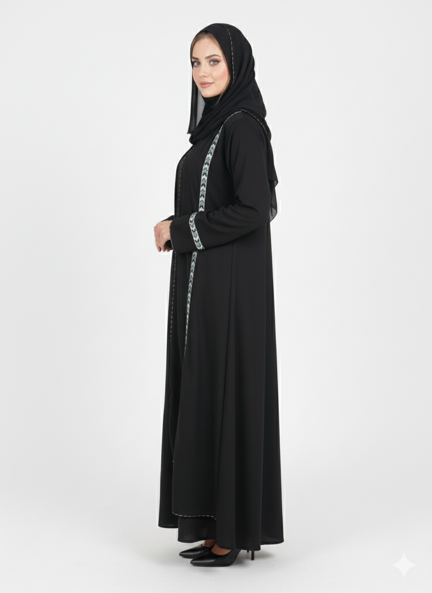 Layered Kimono Abaya | Black Nida Jacket Style with Geometric Crystal Trim | Modest Dubai Fashion | Rizqé Luxury