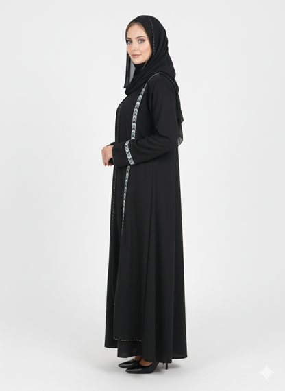 Layered Kimono Abaya | Black Nida Jacket Style with Geometric Crystal Trim | Modest Dubai Fashion | Rizqé Luxury