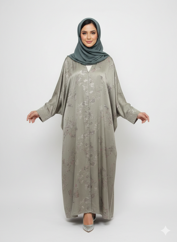 Pista Green Forest Satin Abaya | Rizqé Luxury Silk-Finish Modest Foil Print Wrap