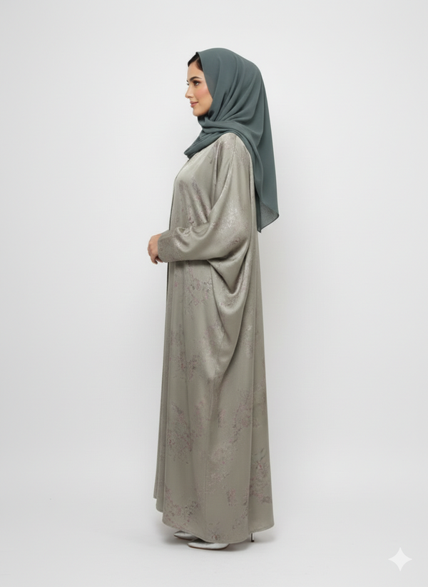 Pista Green Forest Satin Abaya | Rizqé Luxury Silk-Finish Modest Foil Print Wrap