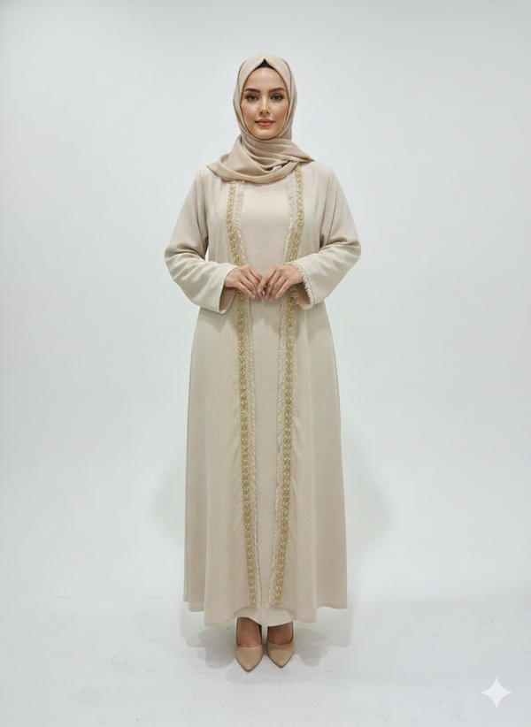 Sandstone Pearl Beige Abaya | Rizqé Luxury Hand-Embellished Modest Open Wrap