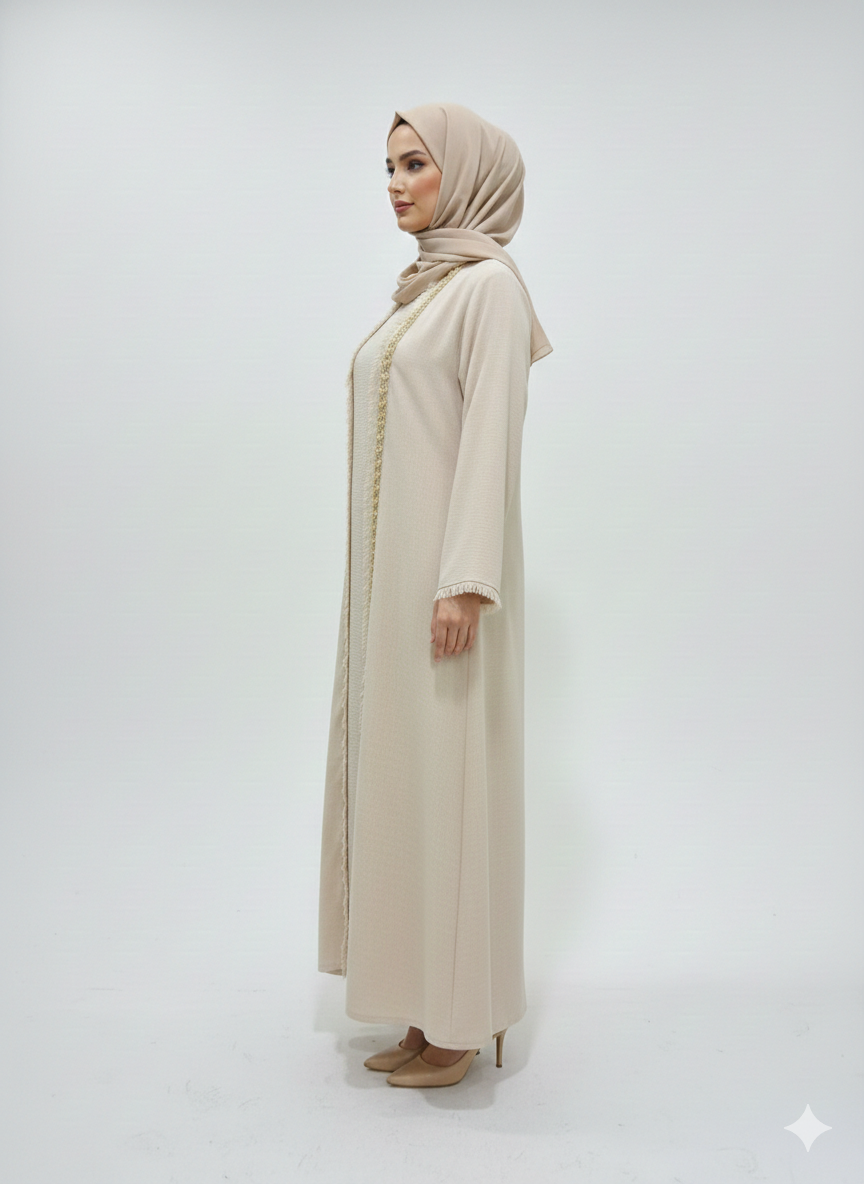 Sandstone Pearl Beige Abaya | Rizqé Luxury Hand-Embellished Modest Open Wrap