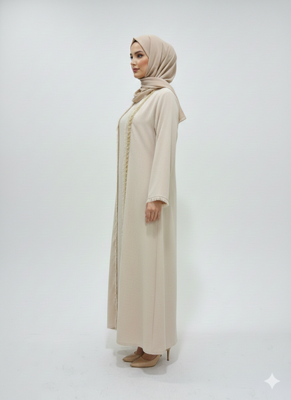 Sandstone Pearl Beige Abaya | Rizqé Luxury Hand-Embellished Modest Open Wrap