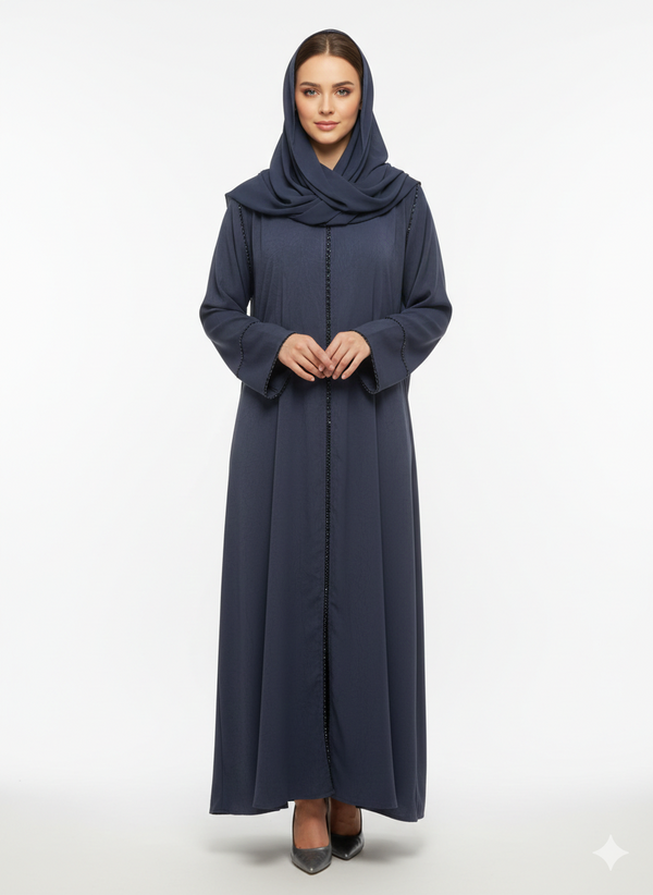 Midnight Navy Tailored Abaya | Rizqé Luxury Beaded Border Wrap with Classic Straight Sleeves