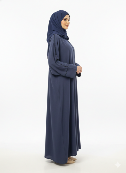 Midnight Navy Tailored Abaya | Rizqé Luxury Beaded Border Wrap with Classic Straight Sleeves