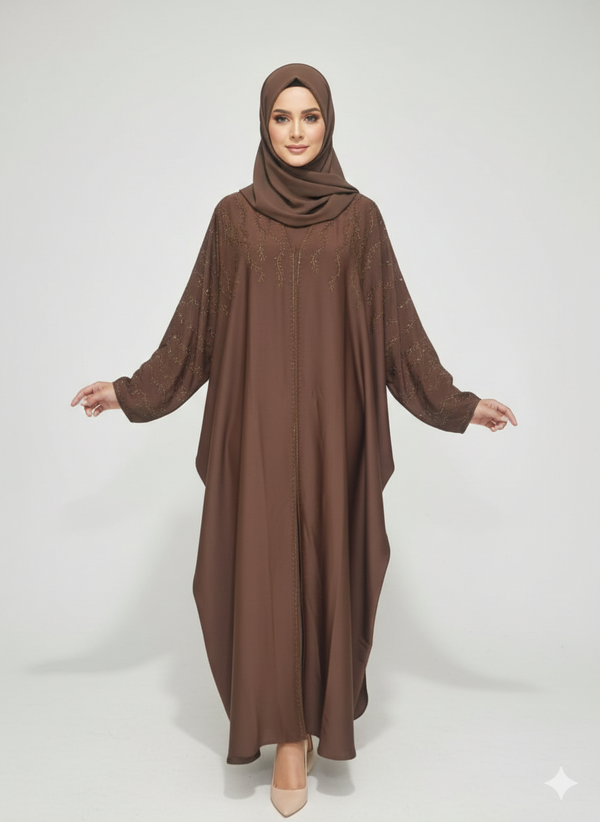 Rich Brown Satin Butterfly Abaya | Rizqé Gold Vine Hand-Embellishment with Dramatic Farasha Silhouette
