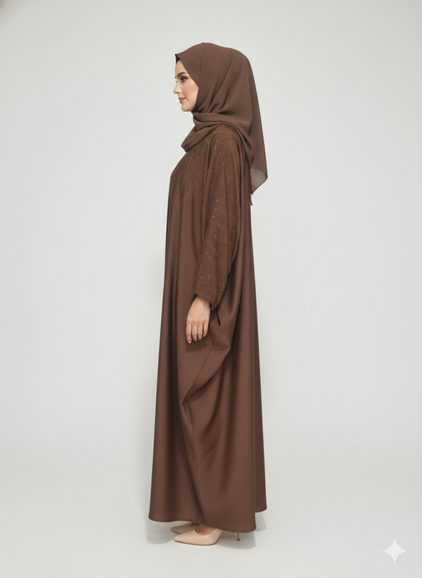 Rich Brown Satin Butterfly Abaya | Rizqé Gold Vine Hand-Embellishment with Dramatic Farasha Silhouette
