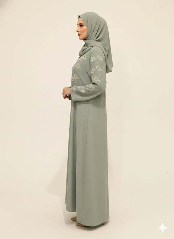 Sage Green Embroidered Abaya | Rizqé Luxury Artisanal Motif Wrap with Tailored Straight Sleeves