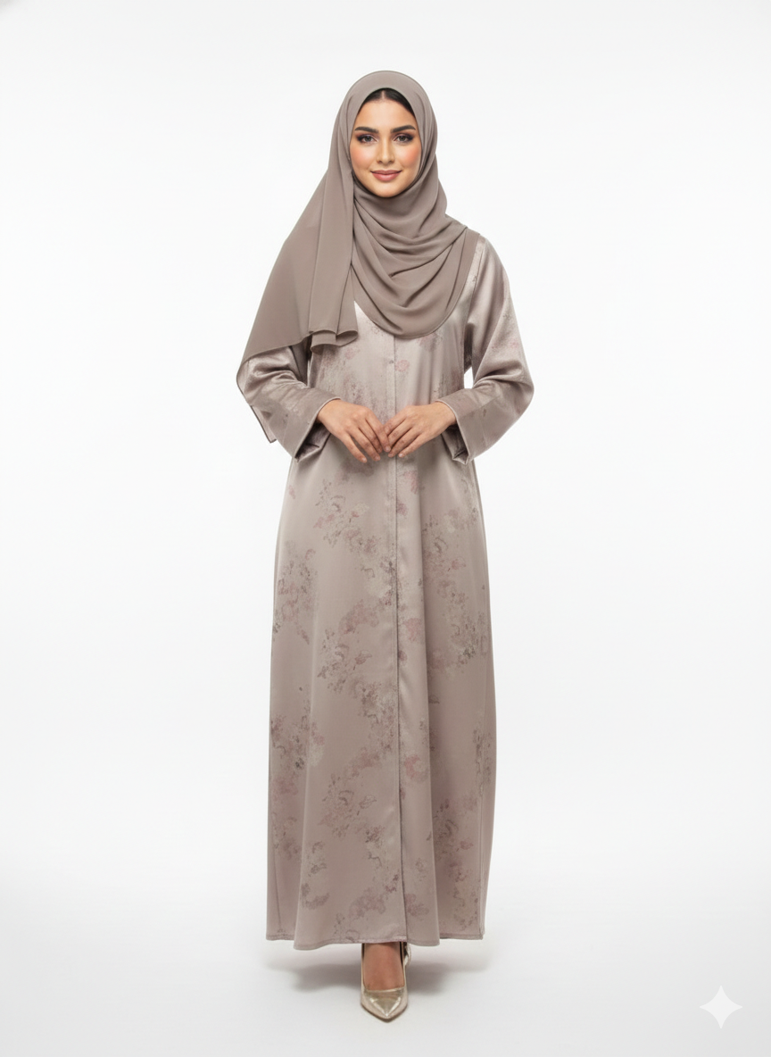 Champagne Beige Foil Print Abaya | Rizqé Luxury Metallic Botanical Wrap with Tailored Straight Sleeves