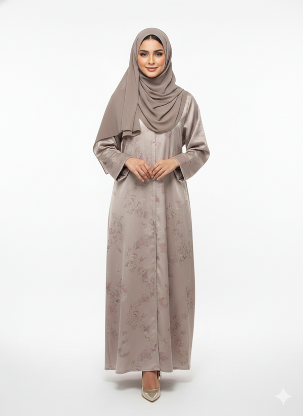 Champagne Beige Foil Print Abaya | Rizqé Luxury Metallic Botanical Wrap with Tailored Straight Sleeves