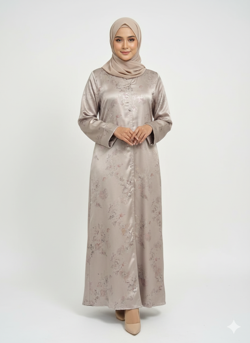 Champagne Beige Foil Print Abaya | Rizqé Luxury Metallic Botanical Wrap with Tailored Straight Sleeves