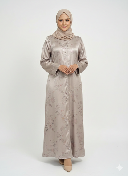 Champagne Beige Foil Print Abaya | Rizqé Luxury Metallic Botanical Wrap with Tailored Straight Sleeves