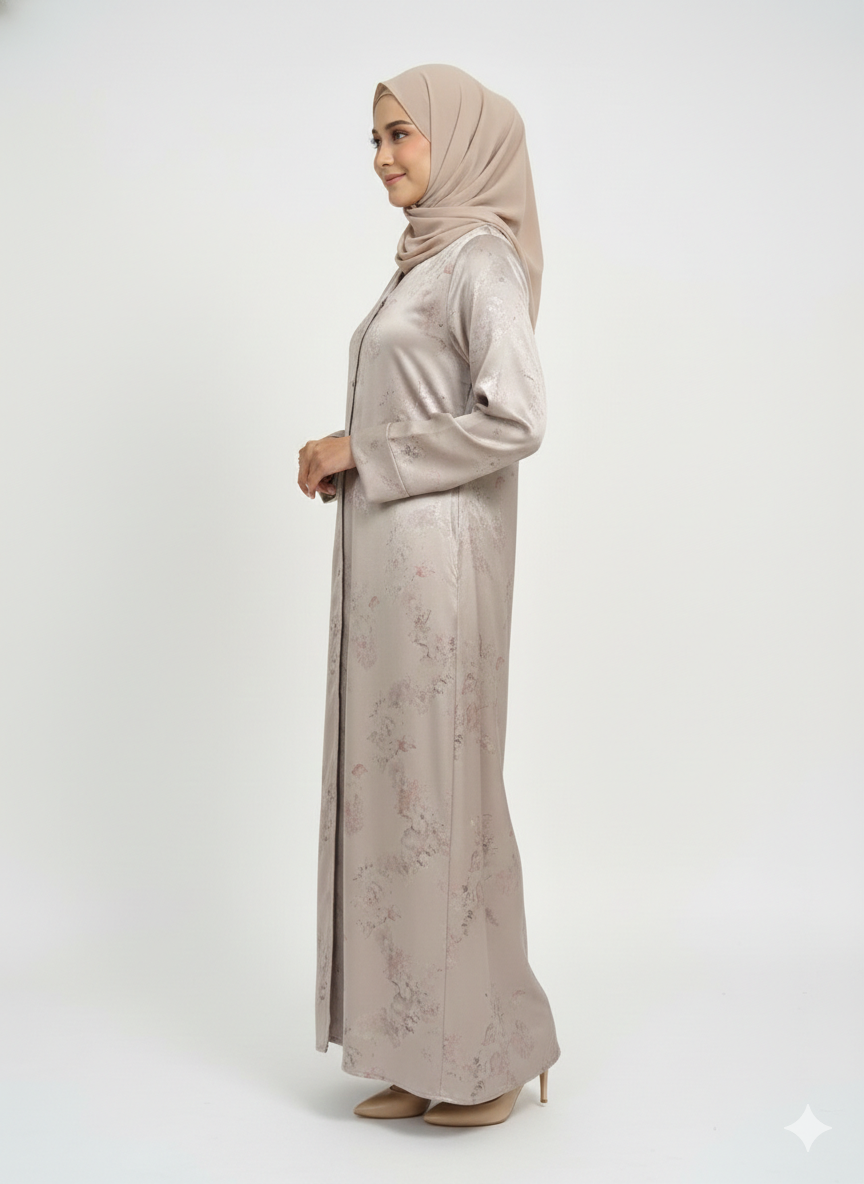 Champagne Beige Foil Print Abaya | Rizqé Luxury Metallic Botanical Wrap with Tailored Straight Sleeves
