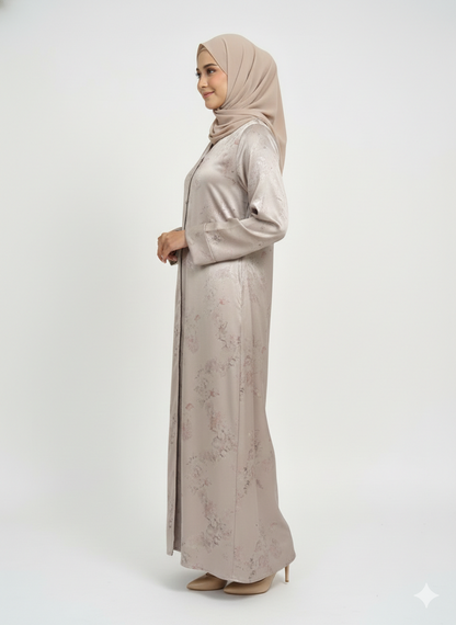 Champagne Beige Foil Print Abaya | Rizqé Luxury Metallic Botanical Wrap with Tailored Straight Sleeves