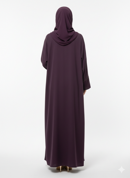 Deep Plum Beaded Abaya | Rizqé Luxury Hand-Stitched Linear Trim with Classic Straight Sleeves