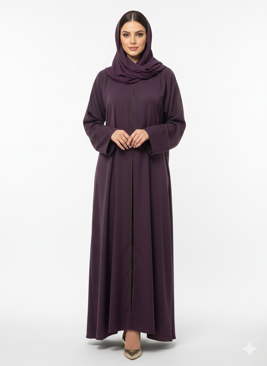 Deep Plum Beaded Abaya | Rizqé Luxury Hand-Stitched Linear Trim with Classic Straight Sleeves