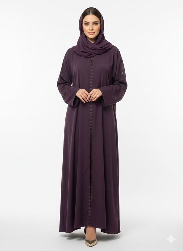 Deep Plum Beaded Abaya | Rizqé Luxury Hand-Stitched Linear Trim with Classic Straight Sleeves