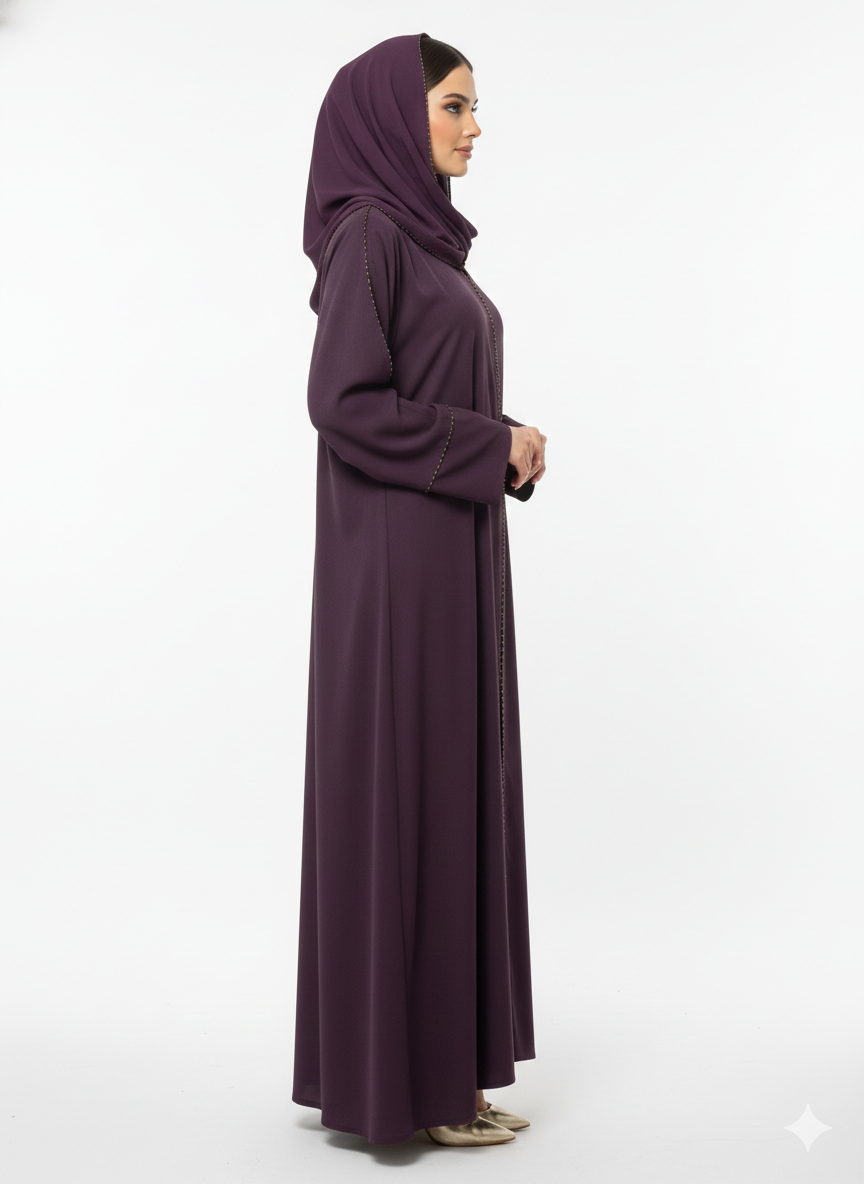 Deep Plum Beaded Abaya | Rizqé Luxury Hand-Stitched Linear Trim with Classic Straight Sleeves