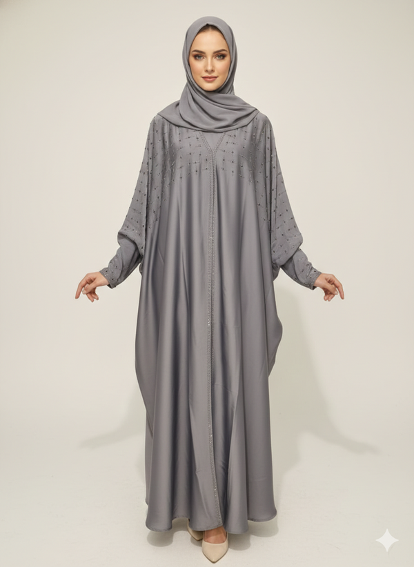 Storm Grey Butterfly Abaya | Rizqé Silver Geometric Hand-Embellishment with Dramatic Farasha Drape