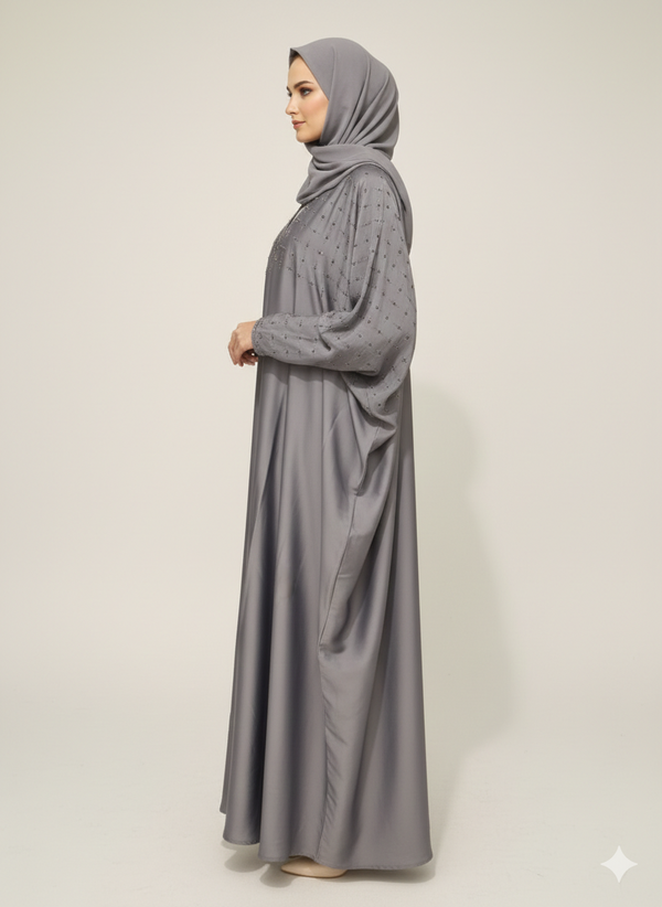 Storm Grey Butterfly Abaya | Rizqé Silver Geometric Hand-Embellishment with Dramatic Farasha Drape
