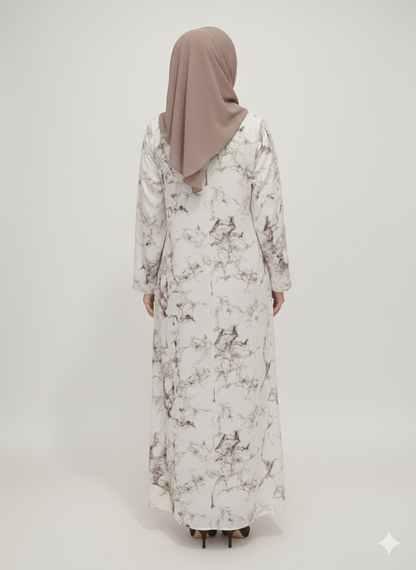 White & Coffee Marble Print Abaya | Rizqé Luxury Chiffon-Finish Wrap with Tailored Straight Sleeves