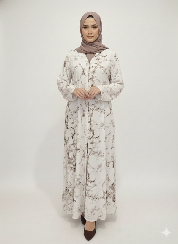White & Coffee Marble Print Abaya | Rizqé Luxury Chiffon-Finish Wrap with Tailored Straight Sleeves
