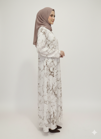 White & Coffee Marble Print Abaya | Rizqé Luxury Chiffon-Finish Wrap with Tailored Straight Sleeves