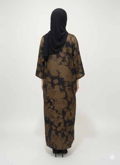 Black & Bronze Abstract Print Abaya | Rizqé Luxury Metallic-Finish Wrap with Wide Tailored Sleeves
