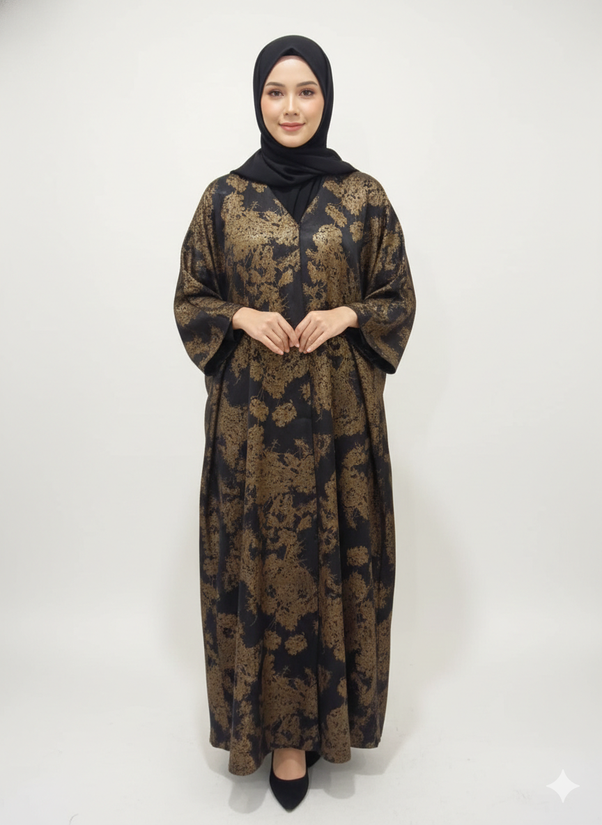 Black & Bronze Abstract Print Abaya | Rizqé Luxury Metallic-Finish Wrap with Wide Tailored Sleeves