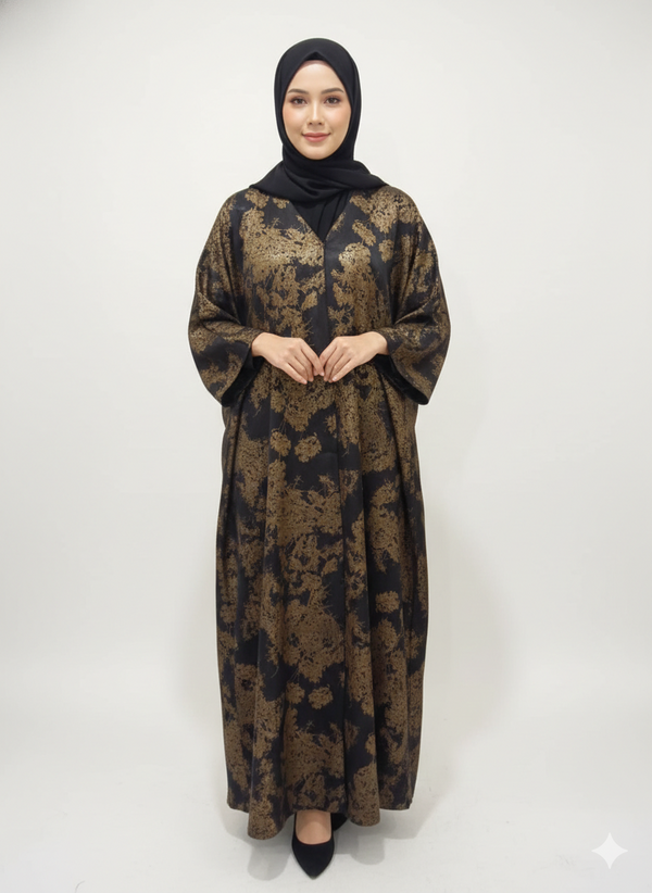Black & Bronze Abstract Print Abaya | Rizqé Luxury Metallic-Finish Wrap with Wide Tailored Sleeves