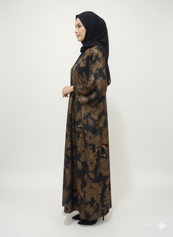 Black & Bronze Abstract Print Abaya | Rizqé Luxury Metallic-Finish Wrap with Wide Tailored Sleeves