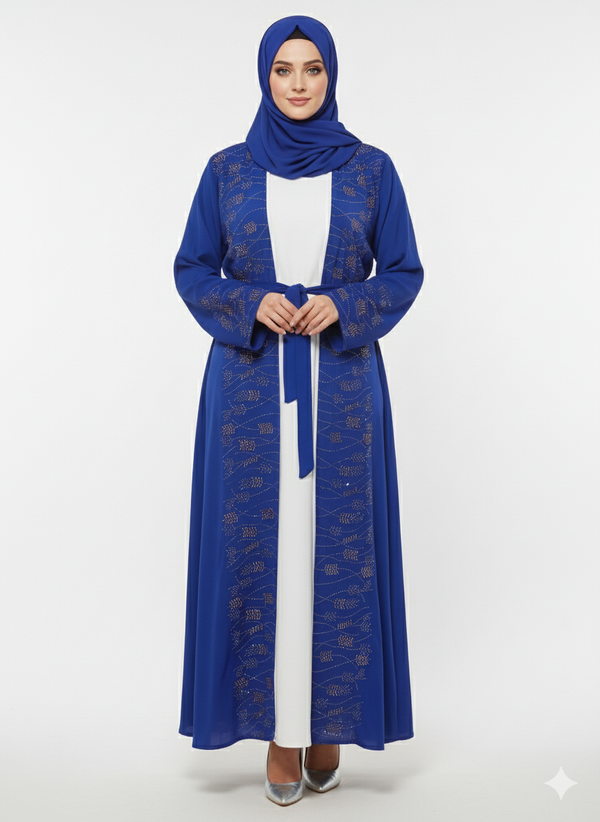 Royal Blue Embellished Abaya | Gold Crystal Belted Modest Dress | Luxury Nida Fabric| Rizqé