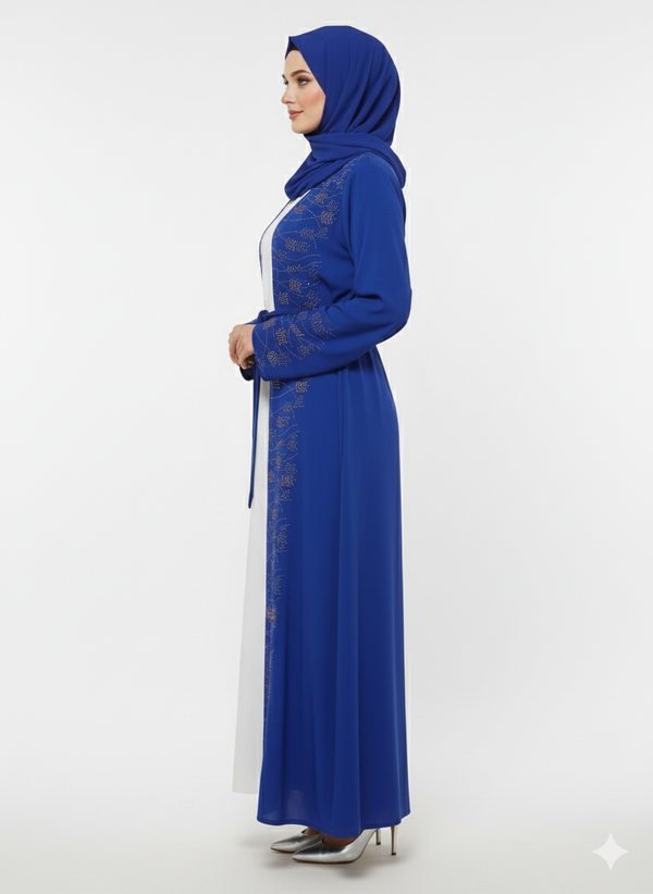 Royal Blue Embellished Abaya | Gold Crystal Belted Modest Dress | Luxury Nida Fabric| Rizqé