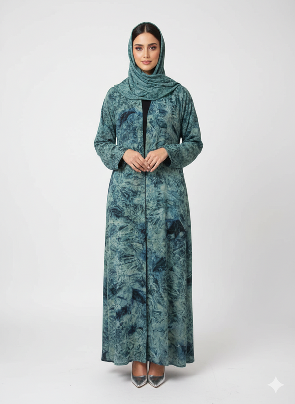 Teal & Seafoam Mineral Print Abaya | Rizqé Luxury Textured Modest Chiffon Wrap
