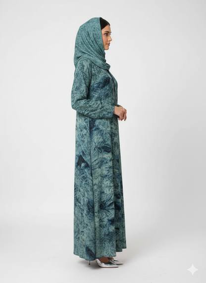 Teal & Seafoam Mineral Print Abaya | Rizqé Luxury Textured Modest Chiffon Wrap