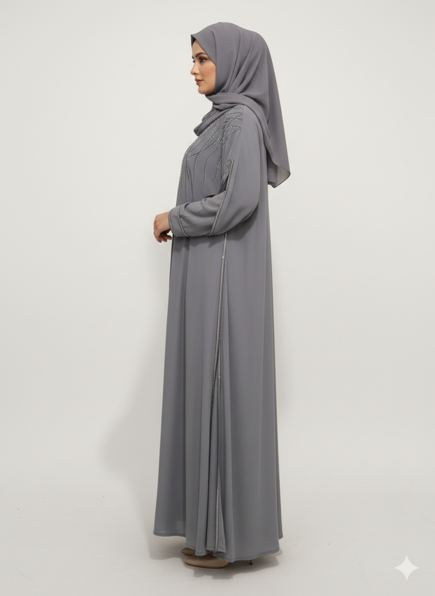 Steel Grey Layered Farasha Abaya | Rizqé Silver Vine Hand-Embellishment with Sheer Chiffon Double Sleeves